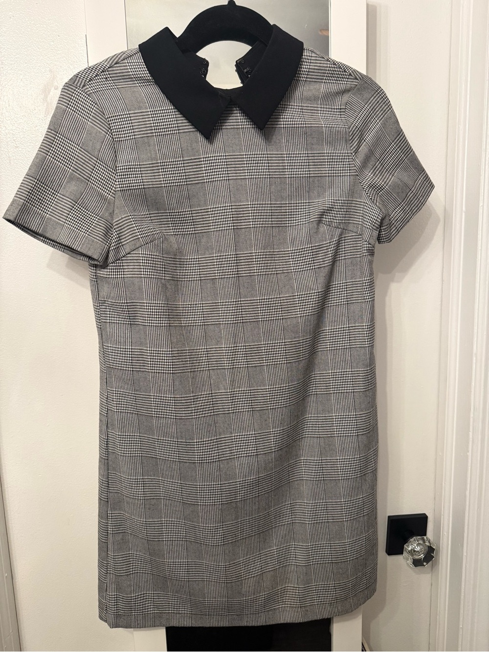 Aqua Grey Plaid Short-Sleeve Dress with Black Collar